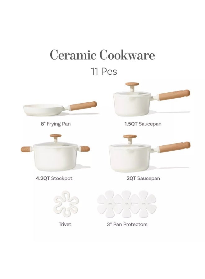 Carote 11-Piece Ceramic Nonstick Cookware Set, PFAS-Free Healthy Cooking Set, Dual-size Silicone Strainer Lids, Full-Spray Even-Heat Base, All Kitchen Stovetop Compatible, Dishwasher Safe (Cream) - Image 2